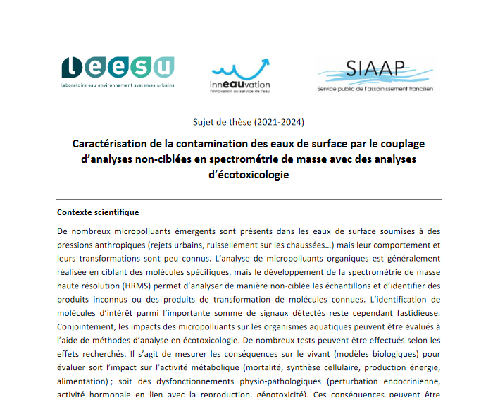 Offre de thèse 2021 : Caractérisation de la contamination des eaux de surface par le couplage d'analyses non-ciblées en spectrométrie de masse avec des analyses d'écotoxicologie - THESE POURVUE